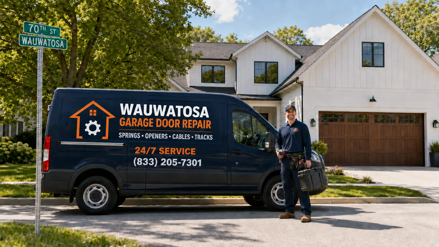 Navy Wauwatosa garage door service van at a local home