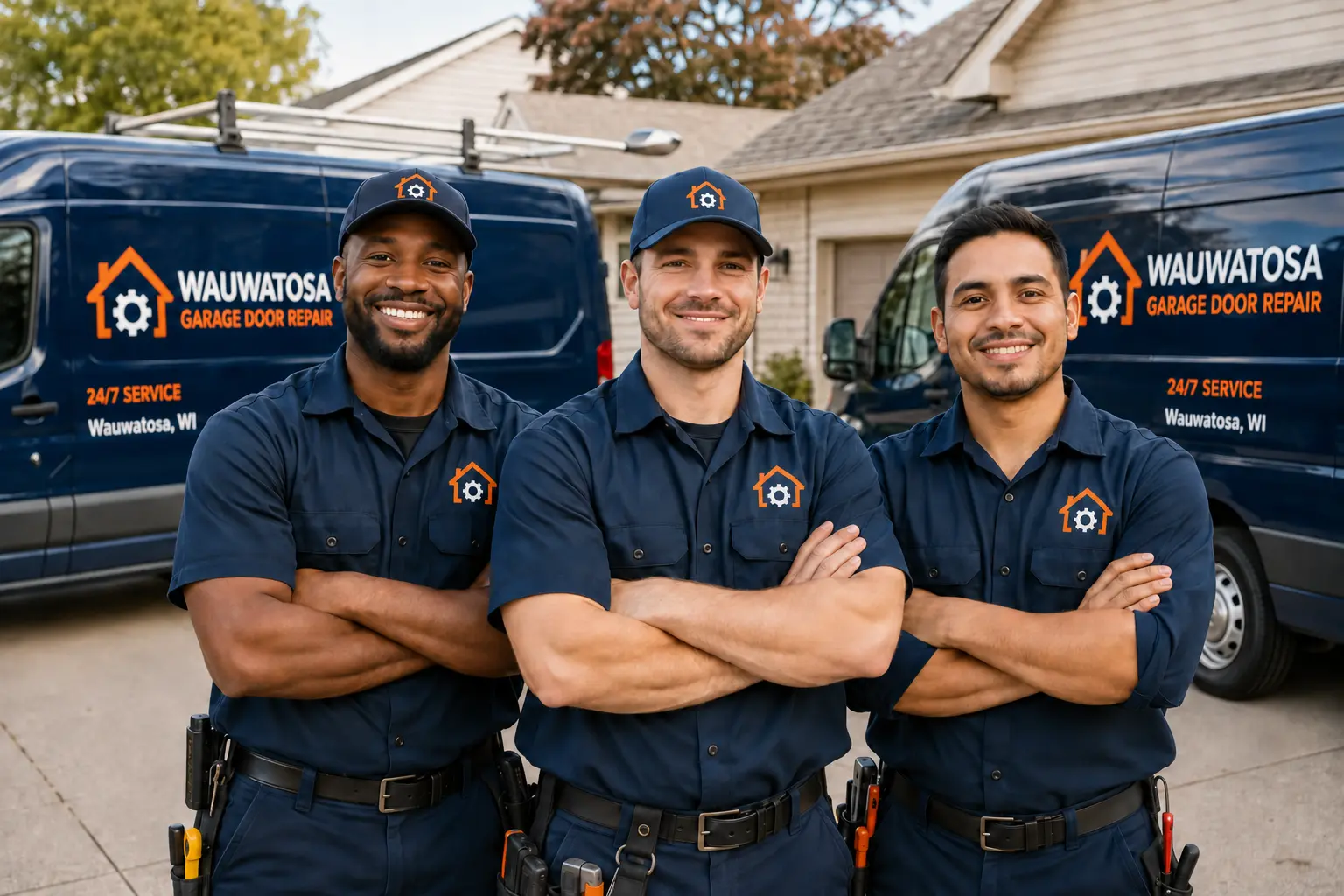 Three garage door technicians in navy uniforms standing in front of two service vans