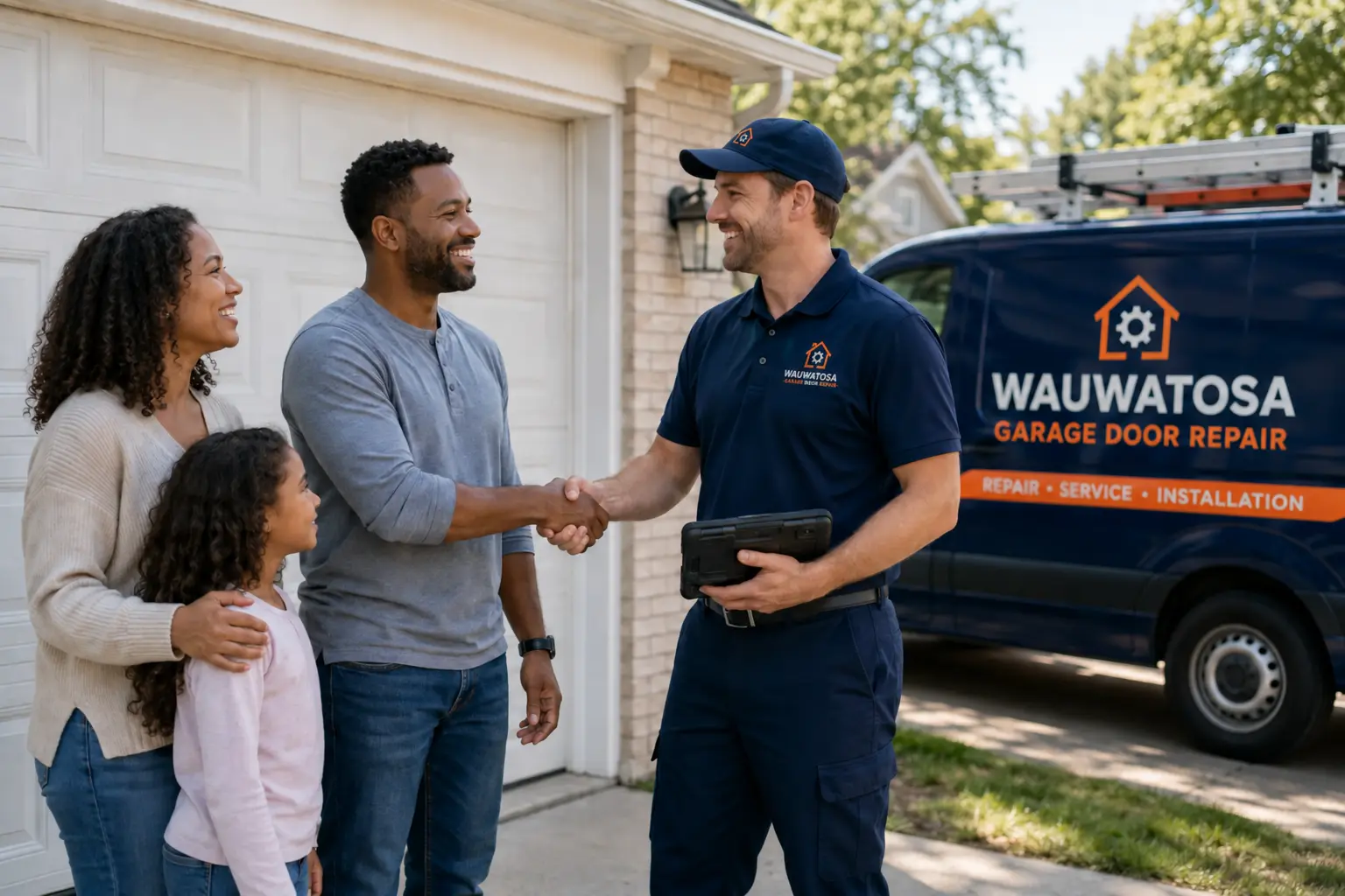 Homeowners shaking hands with a garage door technician